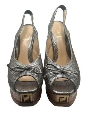 Fendi Silver Textured Peep-Toe Slingback Heels